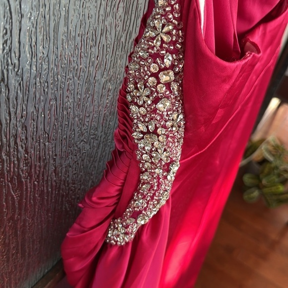 Mac Duggal Strapless Ruched Embellished Gem Gown Hot Pink Dress Size 10 - Picture 11 of 13